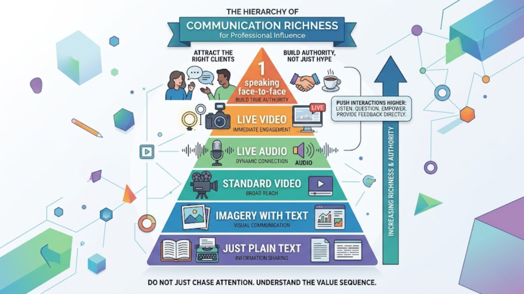 An infographic titled "The Hierarchy of Communication Richness," displaying a six-level pyramid that ranks communication methods from "Just Plain Text" at the bottom to "Speaking Face-to-Face" at the top to build professional authority.