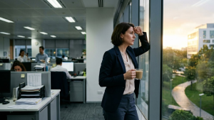 A contemplative professional in business attire standing in a modern corporate office, holding a coffee cup and gazing thoughtfully out a large window while colleagues work at their desks in the background.