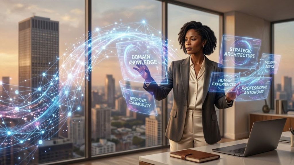 A cinematic portrait of an independent female consultant standing confidently in a modern home office at dusk, interacting with a vast network of swirling holographic data. A powerful current of glowing light (democratizing AI and tech stack) flows from her fingertips, bypassing a large, monolithic corporate skyscraper in the background city skyline. Words like 'DOMAIN EXPERTISE' and 'TAILORED ADVICE' glow alongside the data.