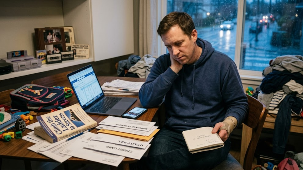 Stressed man with a bandaged arm at a table cluttered with work, mail, and toys, holding his head in his hands.