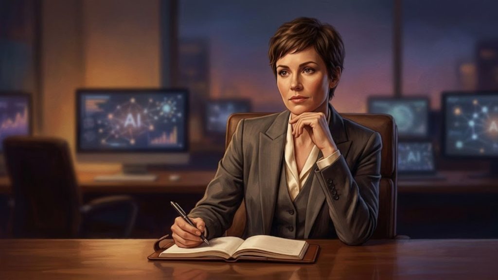 A cinematic, painterly portrait of a contemplative female consultant in a tailored suit sitting at a wooden desk, holding a pen over a notebook with a pensive expression. The background features a soft, atmospheric office environment with several computer screens displaying faint data visualizations and the letters 'AI', illuminated by soft, directional lighting that creates rich tonal depth and subtle shadows.