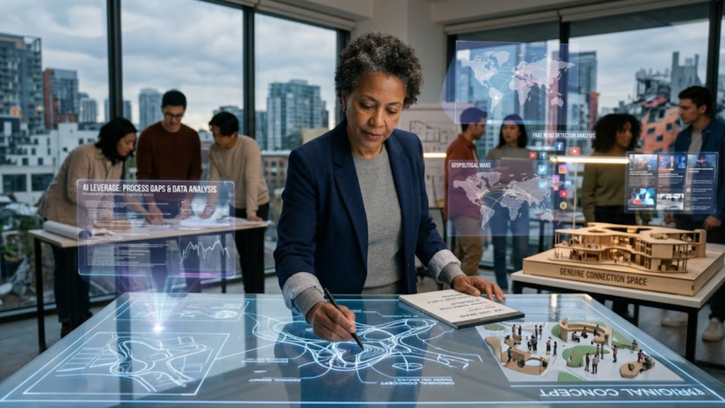 A professional Black woman uses a stylus on a glowing interactive architectural data table, surrounded by a team, physical models, and holographic data screens in a modern city office.