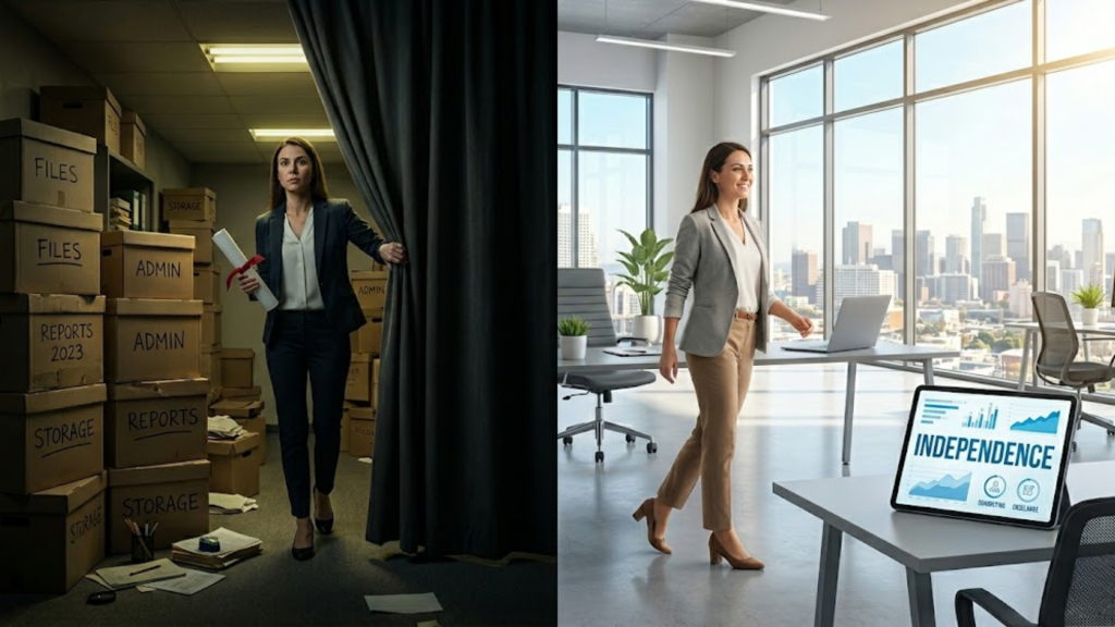 A woman steps out from a dark, box-filled storage room into a bright, modern office, symbolizing a career shift