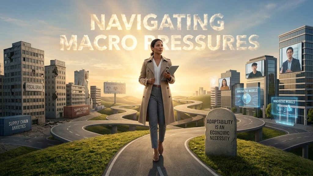 A cinematic photo of a professional woman walking a winding path through an evolving landscape of crumbling traditional career paths and modern, innovative businesses. Large text in the sky reads 'NAVIGATING MACRO PRESSURES,' and a sign on the path states 'ADAPTABILITY IS AN ECONOMIC NECESSITY.' The scene shows a diverse woman walking from outdated, disruption-hit environments towards a bright, connected city.