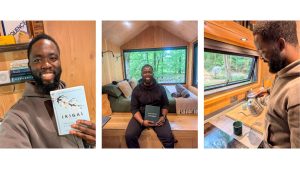 A triptych showing Michael Tabirade relaxing in a wooden cabin. The left image shows him taking a smiling selfie while holding the book "Ikigai" in front of a shelf with board games. The middle image shows him sitting at the foot of a bed, holding a "welcome to unplugged" folder, with a large picture window behind him framing a lush green forest. The right image shows him from the side, pouring hot water from a silver gooseneck kettle into a green mug in a bright kitchen area looking out into the trees.
