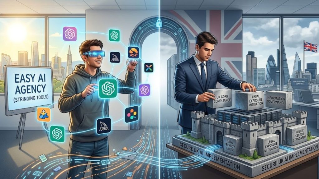 A conceptual split-scene illustration contrasting a technical enthusiast playfully stringing glowing AI tool logos in a Silicon Valley setting, with a polished strategic adviser in a suit meticulously building a fortress-like secure AI system in a London-themed environment, incorporating solid blocks labeled with 'UK GDPR Compliance', 'Information Governance', and 'Legal Exposure Mitigation' to represent solving the harder problem.