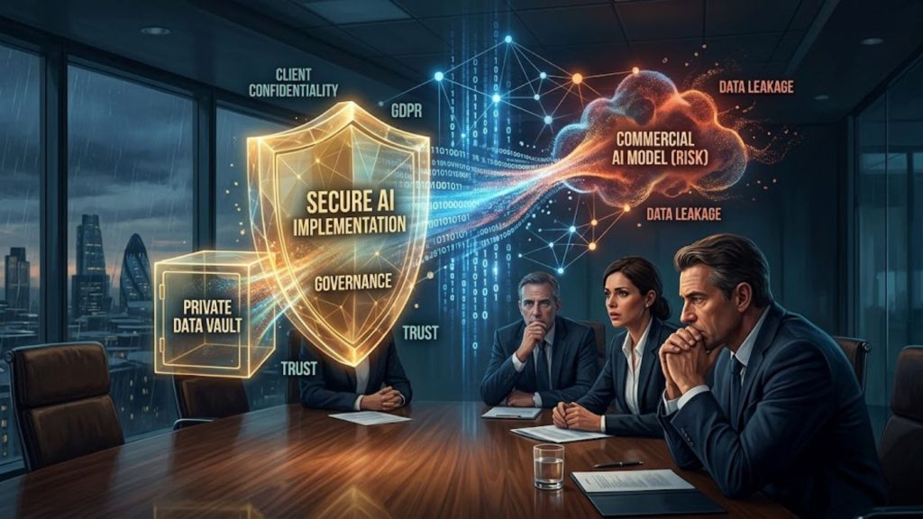 A dramatic illustration of a tense boardroom meeting where a floating digital infographic visualizes data flowing toward a protected golden shield labeled 'SECURE AI IMPLEMENTATION', contrasting against a risky commercial AI cloud.