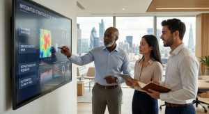 Three consultants analyzing an integrated AI strategic ecosystem and automation workflow on a large digital display.