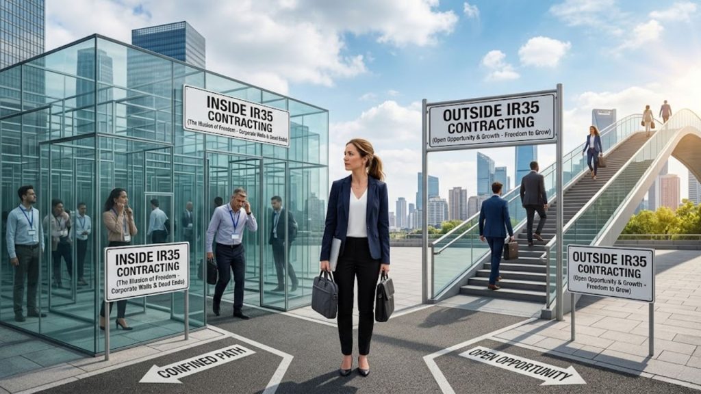 A professional standing at a crossroads, contemplating two paths: a restrictive glass maze on the left, symbolizing the "illusion of freedom" in inside-IR35 contracting, and an open, elevated bridge on the right, representing true independent consulting.