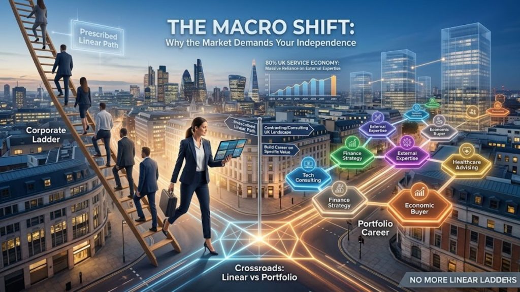 A conceptual image illustrating a professional woman in a dynamic UK cityscape, stepping off a narrow corporate ladder labeled 'Prescribed Linear Path' and onto a vibrant, branching network of interconnected platforms representing a 'Portfolio Career' with various service sectors and economic buyers. Text overlays describe 'THE MACRO SHIFT: Why the Market Demands Your Independence' and highlight '80% Service Economy.'