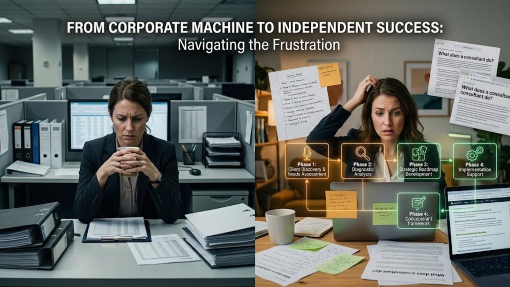 A split photograph illustrating the transition from a corporate role to independent consulting. The left side shows a tired professional in a dull corporate cubicle, while the right side shows the same person initially overwhelmed and confused by scattered notes on consulting, but then looking towards a newly revealed, clear consulting framework diagram with growing clarity and focus.