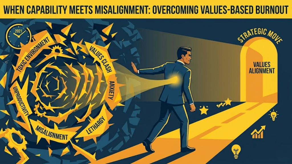 A vector illustration shows a woman in a dark blue suit leaving a dark, jagged chaos representing a 'Toxic Environment' and 'Values Clash' in 2021 to walk a lit, yellow path toward an arched doorway labeled 'Strategic Move' and 'Values Alignment.'