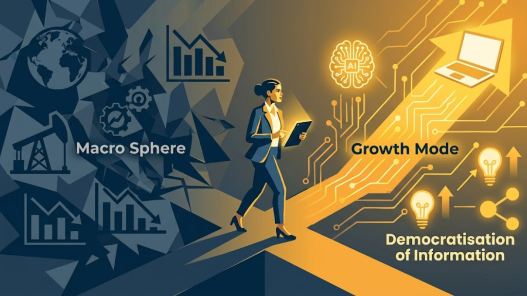 A dynamic graphic illustration representing the shift from macro-economic instability toward personal and professional growth. The left side is a chaotic network of deep blue geometric shapes symbolizing geopolitical conflicts, rising costs, and unemployment. The right side is a brightly illuminated network of golden-yellow circuit patterns representing technology, AI, and information. A figure stands at the center, actively turning away from the blue chaos and stepping onto the yellow growth path, guided by accessible information.