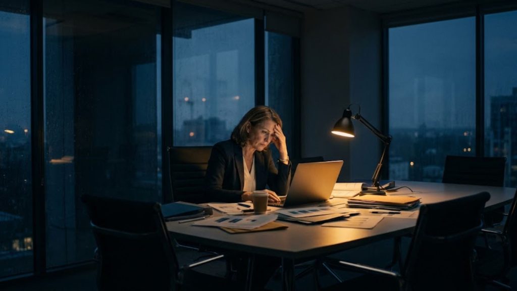 A candid, cinematic photograph of an exhausted female leader sitting alone at a cluttered boardroom table at night. She rests her head in her hand, looking worn out and discouraged as she stares at a glowing laptop screen. The dark, shadows are filled with a deep navy blue (#1a2c3a), contrasted by the warm, amber-yellow (#f1a646) glow of a desk lamp, the laptop, and scattered papers. Massive rain-streaked glass windows in the background overlook a dim, twilight city skyline, underscoring her isolation.
