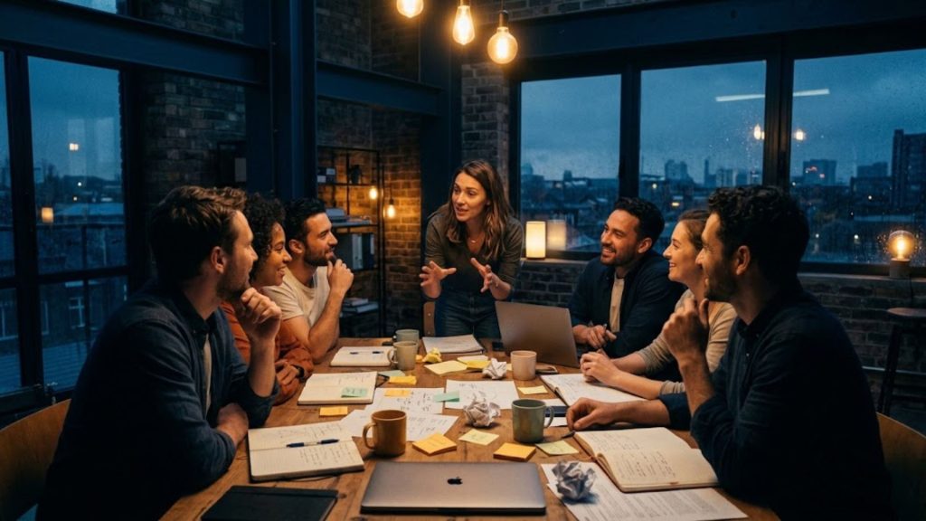 A candid, cinematic photograph of a diverse group of people engaged in an authentic, lively face-to-face workshop around a wooden table in an urban workspace at dusk. Natural shadow and twilight through large glass windows are a deep navy blue (#1a2c3a), while the intimate indoor gathering is bathed in a warm, glowing amber-yellow (#f1a646) from industrial overhead bulbs. A woman stands in the center, gesturing passionately while others lean in, listening, smiling, and collaborating closely over scattered handwritten papers, notebooks, and cups. Laptops sit largely ignored, highlighting the vibrant, irreplaceable value of physical human connection.